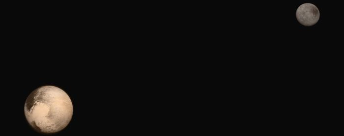 A composite image of Pluto an Charon, show to scale with one another and in true colour, as they were images by New Horizons on July 15th, 2015 (image courtesy of NASA/ APL / JHU)