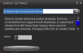 UKanDo 3.8.0 also includes Marine Kelley's RLV 2.9.12 update, with the avatar shadow rendering debug setting to help with rendering performance when running with shadows enabled and surrounded by avatars using mesh bodies & other rigged mesh attachments