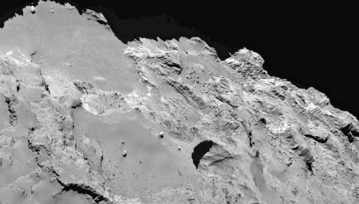 One of the more massive new sinkholes on comet 67P/C-G likely formed as a result of subsurface ice melting and being outgassed as the comet is heated by the Sun, and then the rock above the cavern left by the ice collapsing 