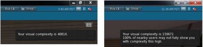 The viewer displays notifications when you (l) make a change to your own avatar which impacts its render render complexity; (b) if your avatar is largely rendered as a Jelly Baby by others