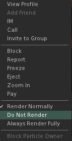 The right-click avatar context menu has options to allow you to define how you want specific avatars to render during the current session