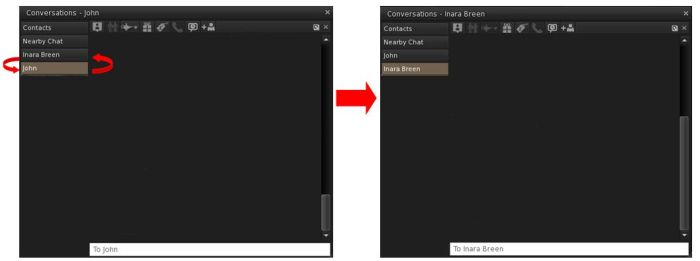 With Firestorm 4.7.3 you can now re-order your personal and group IMs in the conversations floater by left clicking on a tab name and dragging it up / down or left / right across your list of open IMs