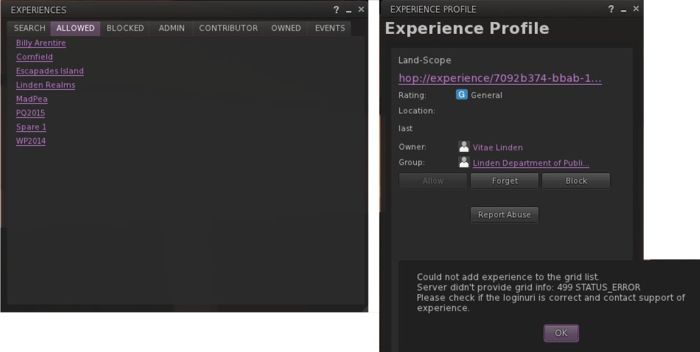 Kokua 3.8.2 does throw an error message when viewing an Experience Profile, but this doesn't interfere with things - click OK to clear