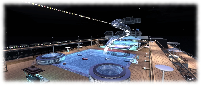 The revised upper deck pool, with new slide and the new dance floor beyond
