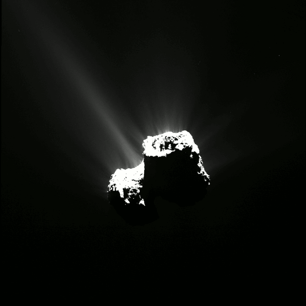 A series of Rosetta images taken during the approach to perihelion showing the comet tumbling through space and ejecting matter