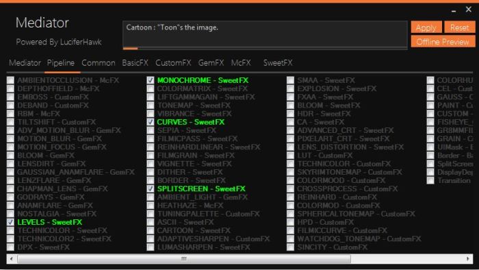 Applying shader effects is done via the Pipeline tab. Using the split screen option allows you something of a before / after view
