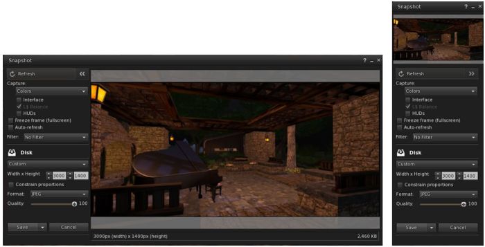 Firestorm 4.7.3 gives you a choice of preview panels when taking snapshots. use the > button to switch between the large and small panels