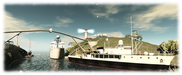 Weather balloons rise from the atmospheric research facility at the Abyss Observatory, with the Calypso and Okeanos Explorer moored bat the foot of the island