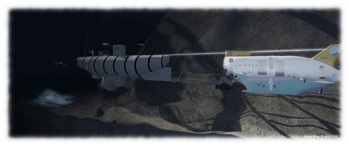 Underwater at the Abyss Observatory, visitors can learn about deep submersibles like the Treste (left) and JAMSTEC's Shinkai 6500 (right)