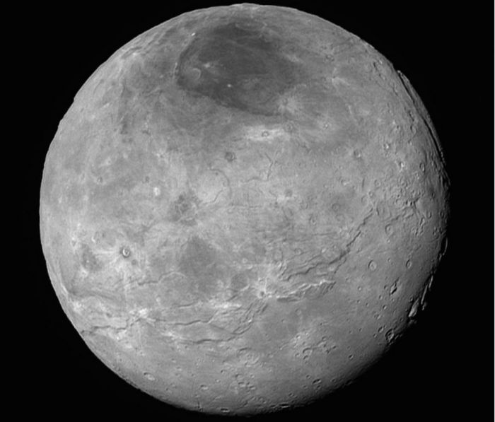 Charon, Pluto's largest companion, as seen by New Horizons on July 14th, 2015, from a distance of some 464,000 kilometres (290,000 miles), revealing a rich and diverse range of surface features