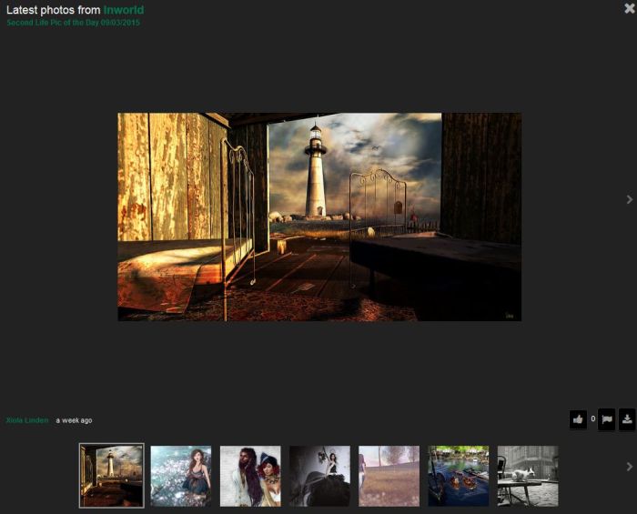 Clickin on a photo (or the View ALl link) in the banner display of images will open a pop-up featuring the photo / the first photo in the series. You can then use the lower section of the window to step forward and backwards through the available images, or use the Inworld link, top left, to display the images as they are listed on the Inworld blog page