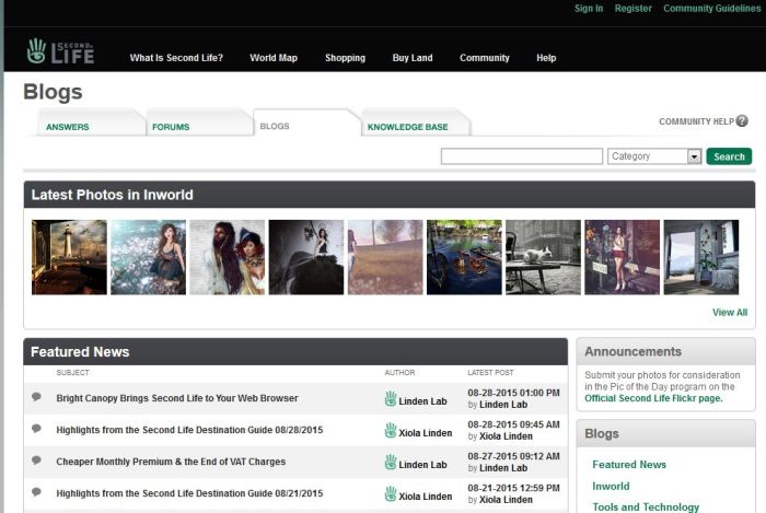 Latest Photos Inworld - the new addition to the blog contents page of the Second life website