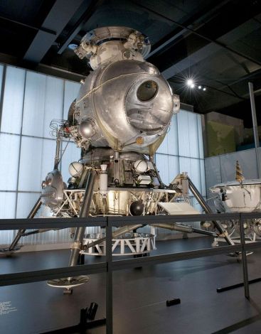 The most complete example of a Soviet-era LK Lunar Lander, currently on display at the Science Museum in London