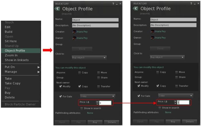 Pricing an object for sale at L$0 through the Object Profile floater will force the price to L$1.00, rather than leaving it at L$0.
