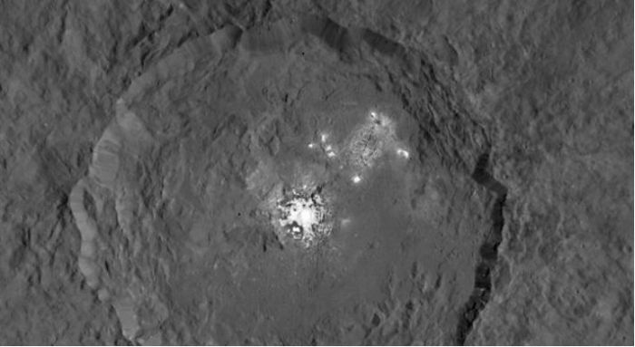 A mosaic of images taken by the Dawn spacecraft Occator crater during several orbits, showing the crater in detail, complete with the enigmatic bright spots (image: NASA/JPL-Caltech/UCLA/MPS/DLR/IDA)