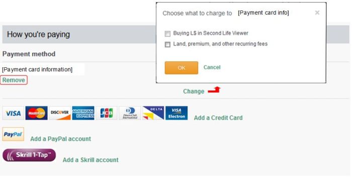 To update / re-use card information filed with the Lab, you will need to Remove the existing card details first, add (or re-add, if using the same card) details of your card, and then make sure you select the payment options for which the card is to me used by clicking the Change link and checking the option(s) you wish to use