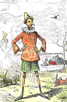 An 1883 illustration from the original Le avventure di Pinocchio, drawn by Enrico Mazzanti and coloured by Daniel Donna