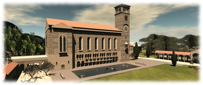 UWA's Winthrop Clock Tower & Reflection Pond as reproduced in Second Life and a landmark frequenctly featured in UWA machinima contest entries
