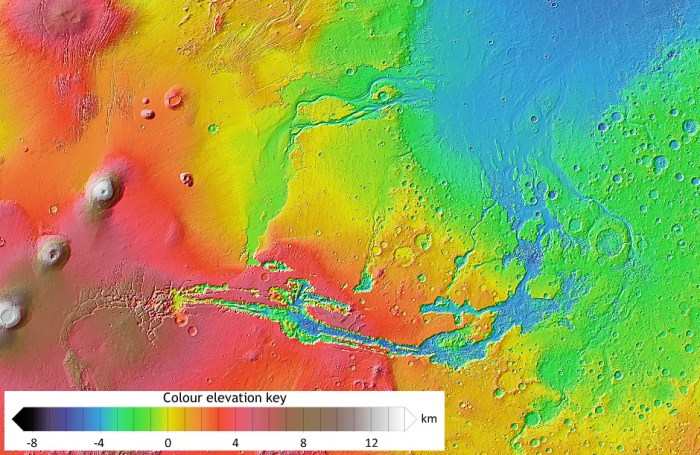 A Mars Orbiter Laser Altimeter (MOLA) topographic map showing the Vallis Marineris, with its associated outflow channels leading to the low-lying flood plain features to the north(image credit: NASA / JPL / Arizona State University)