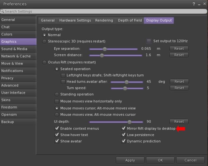 The 1.2.5.43397 updates sees the removal of the Timewarp, Timewarp waits, V sync, and Pixel overdrive from Preferences > Graphics > Display Output, and the addition of a new Mirror Rift display to desktop option