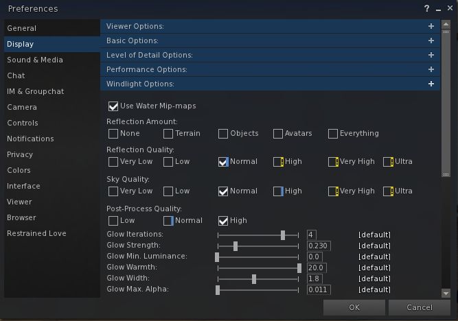 Clicking on the + on any od the Display sub-tabs will expand it to reveal all the associated options and settings. Sub-tabs will remain open until either manually closed or the viewer is shut-down