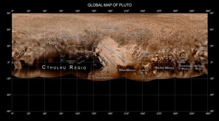 A global map of Pluto has also been released by NASA / JHUAPL - not that all the names shown are informal and subject to IAU approval / change (click for full size)