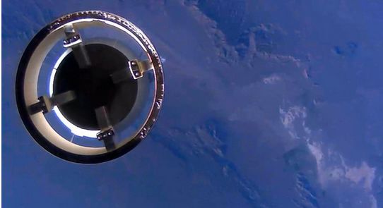 April 25th: A camera aboard the propulsion module captures the rear of the New Shephard capsule moments after separation in the first test flight intended to recover both capsule and launcher - although the latter was in fact lost on that flight