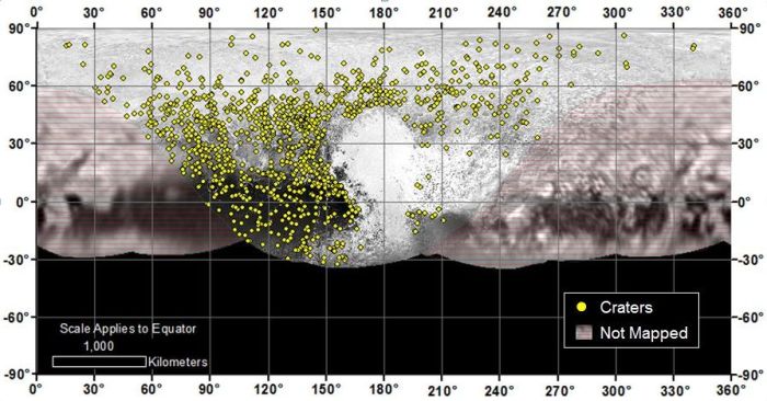 Locations of more than 1,000 craters mapped on Pluto by NASA's New Horizons mission indicate a wide range of surface ages, which likely means that Pluto has been geologically active throughout its history (image: NASA / JHU APL / SwRI)