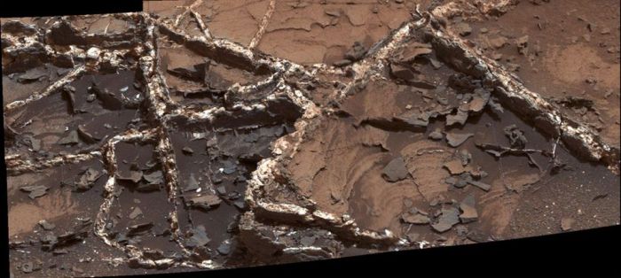 Prominent mineral veins at the "Garden City" site examined by NASA's Curiosity Mars rover vary in thickness and brightness, as seen in this image from Curiosity's Mast Camera (Mastcam). The image covers and area roughly 2 feet (60 centimeters) across. Types of vein material evident in the area include: 1) thin, dark-toned fracture filling material; 2) thick, dark-toned vein material in large fractures; 3) light-toned vein material, which was deposited last. 