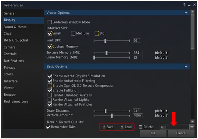 The new Graphic Presets Save and Load options can be found at the bottom of the Display tab in the Preferences floater. Simply add a name for the options you've set in the text box (arrowed) and click Save. To load a preset group when the floater is open on the Display tab, enter the name for the preset in the text box and click Load