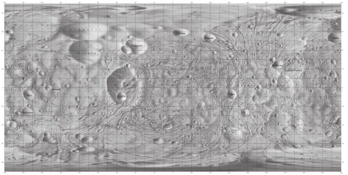 A Mercator map of Phobos showing the compex system of groves and potential lines of fracture across the little moon. Some of these, notably those located close to it, are thought to be the result of the impact which created Stickney crater (left of centre in the map); however most of them seem to be the first indications that Phobos is starting to slowly break-up
