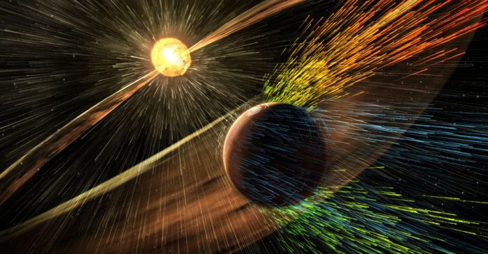 An artist's impression of the solar wind shredding ions from Mars' atmosphere