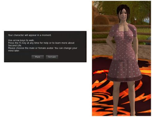 As the gateway has to use the "old" SL registration API, users do not get to select the gender of their avatar until after they log-in (left), and are then defaulted to either the female or male Character Test avatar
