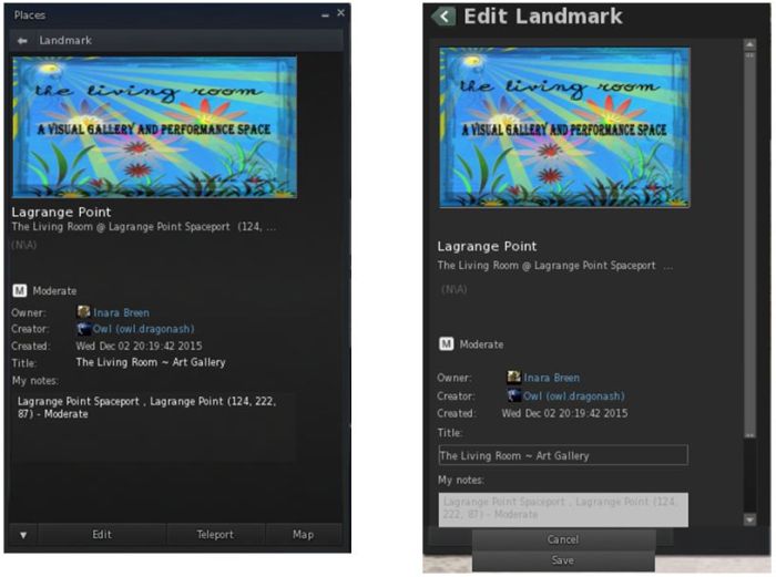 The Places floater has been overhauled for Black Dragon 2.4.4.5 (left). Issues such as buttons not working correctly or the floater getting stuck in its last used state (shown on the right) have been corrected and the floater's layout tidied-up