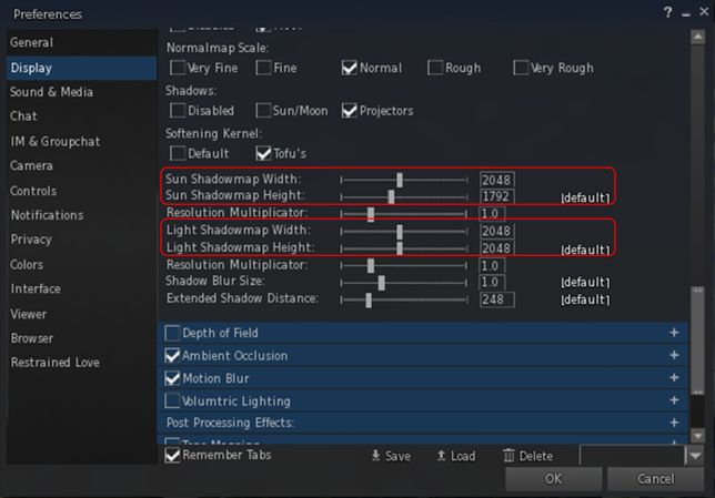 Sun shadowmap sliders allow Black Dragon users to control the quality of shadows derived from windlight sunlight and and from projected light sources independently to one another