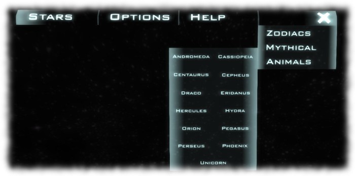 The in-world menu system provides the menu to set-up the display and select the constellation(s) you wish to view