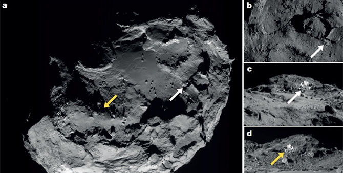 Images of Comet 67P/Churyumov-Gerasimenko captured by the Rosetta spacecraft's navigation camera, showing two patches of exposed water ice (which are seen close up in images C and D).