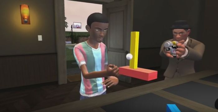 Ryan balances one object atop another while Chris uses the gun he picked-up with a hand movement, then cocked it, to try and shoot the yellow object down