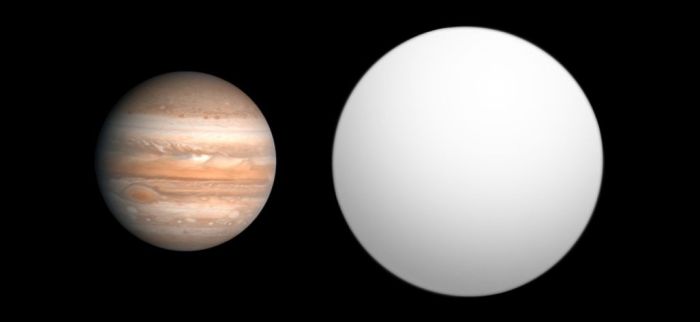 Exoplanet 2M1207b compared to Jupiter. Although massing 4 times greater than Jupiter, the exoplanet is not very much larger, gravitational compression limiting its size as it slowly contracts (image: Wikipedia)