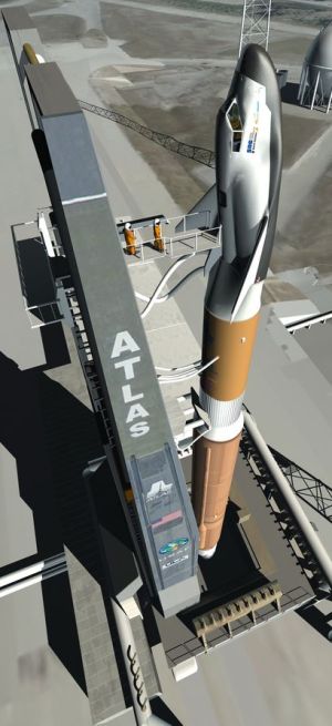 Artist's impression of the original Dream chaser vehicle atop the Atlas V launch vehicle