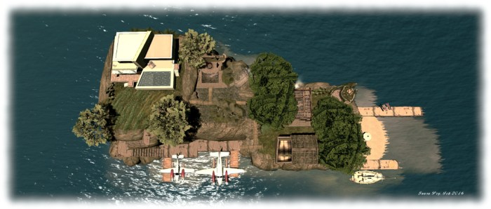 Overhead view of the revised island layout with the new beach location and moorings for our two 'planes. Also visible is the more watery mid-level of the island