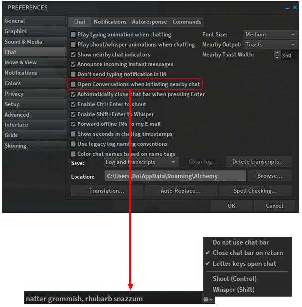 The new local chat bar offers a convenient means of typing local chat, complete with gear icon options, and can be enabled by ensuring pressing the letter keys on your keyboard initiates typing (rather than movement), and that the option to Open Conversations when Initiating Nearby Chat (shown above) is unchecked (leaving it checked will open the Conversations floater in full or the Nearby Chat floater, is detached from it)