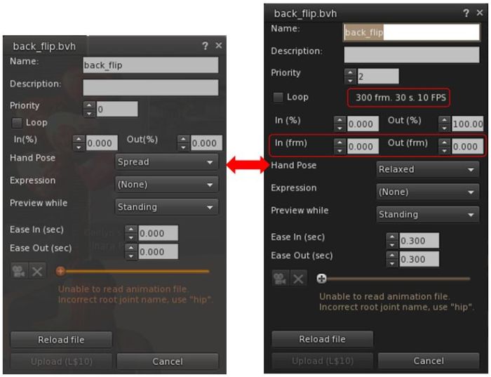 The new animation upload floater (right) with the number of frames, total duration, and FPS data and the new In (frm) and Out (frm) spinners highlighted, compared to the old animation uploader (left)