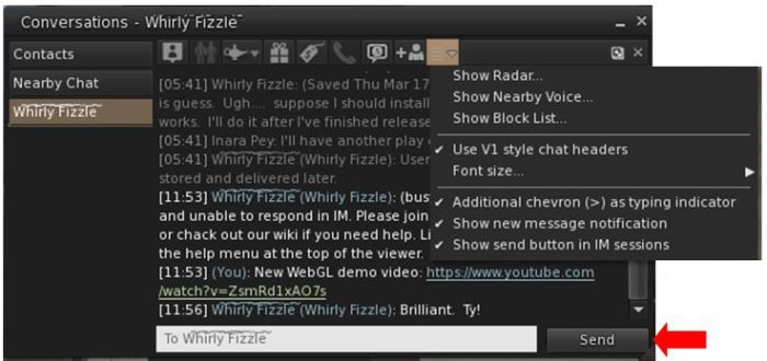 The IM window Chat Options button and drop-down, and the optional Send button for IM chat (see below)
