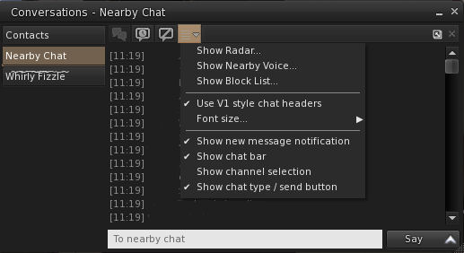 The Nearby Chat window Chat Options button and drop-down