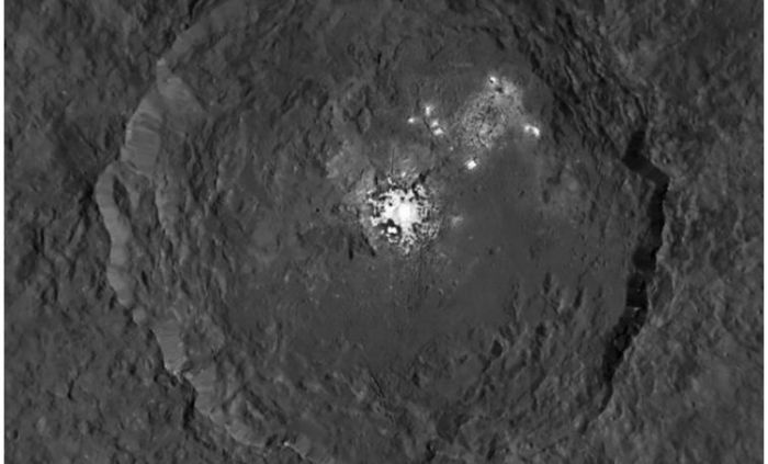 The highest resolution image of the Occator bright spots so far returned to Earth by Dawn, taken in in September 2015, when the vehicle was in its "mid-altitude" mapping survey. Now orbiting much closer to Ceres, the next images of the 90 km wide Occator are expected to reveal the bright spots in considerable detail