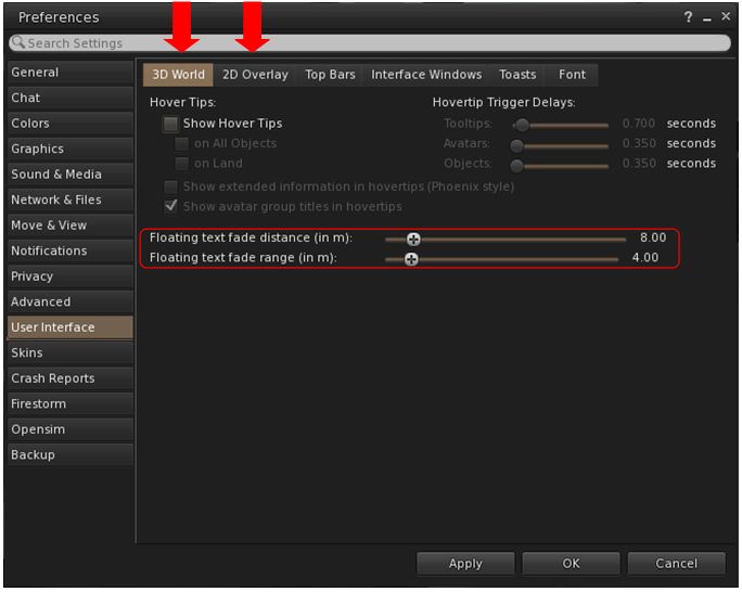 The new 3D World and 2D Overlay sub-tabs in Preferences > User Interface (replacing the old General sub-tab), and the new hover text fade sliders