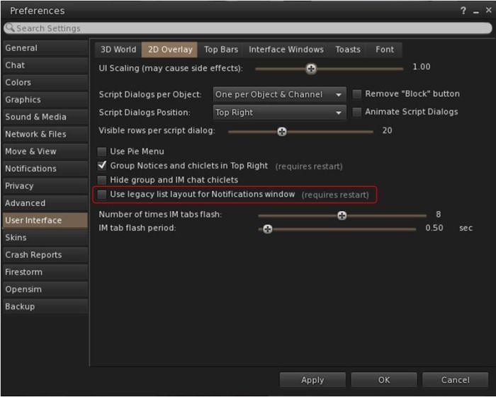 Those who prefer it can now use the legacy Notifications floater in Firestorm (enabled by default in the Phoenix log-in mode, requires a viewer restart if toggled on / off in other modes) 