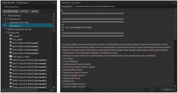 To use the client-side AO, you'll need to have the animations you wish to used stored within your inventory (not within another AO system) (l), and a suitable note card defining the animations you wish to use with the AO (r)