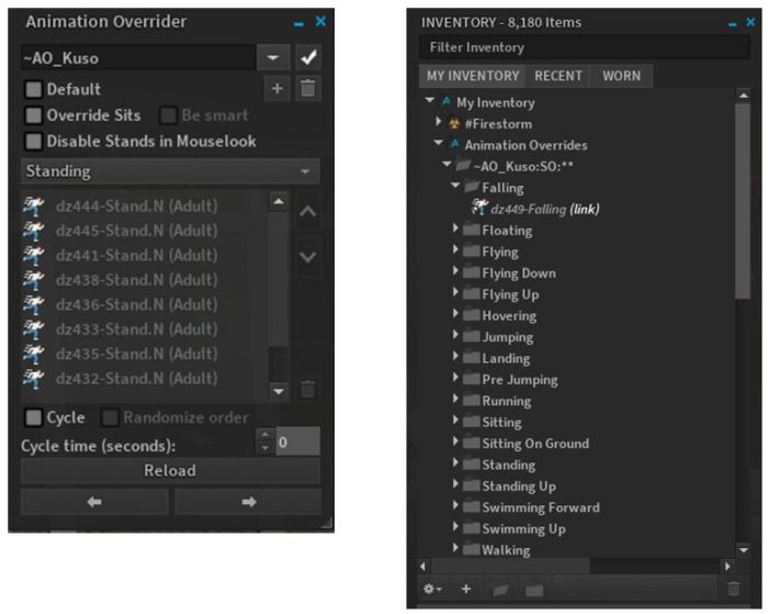 The AO floater with the loaded animation set (l) and the associated links in the Animation Override folder in your inventory (r)